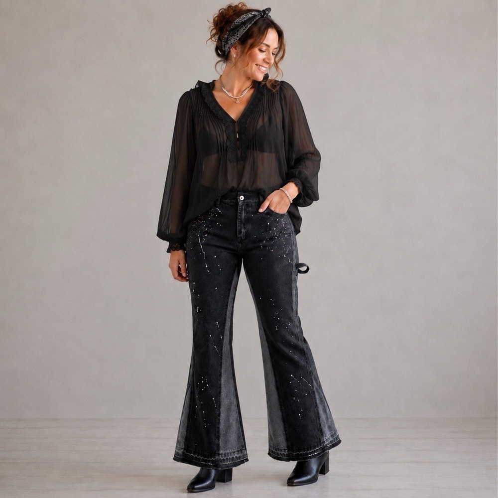 Black icon Limusa Flare Cargo Jeans Women XL Black Gray Paint Splatter Y2K